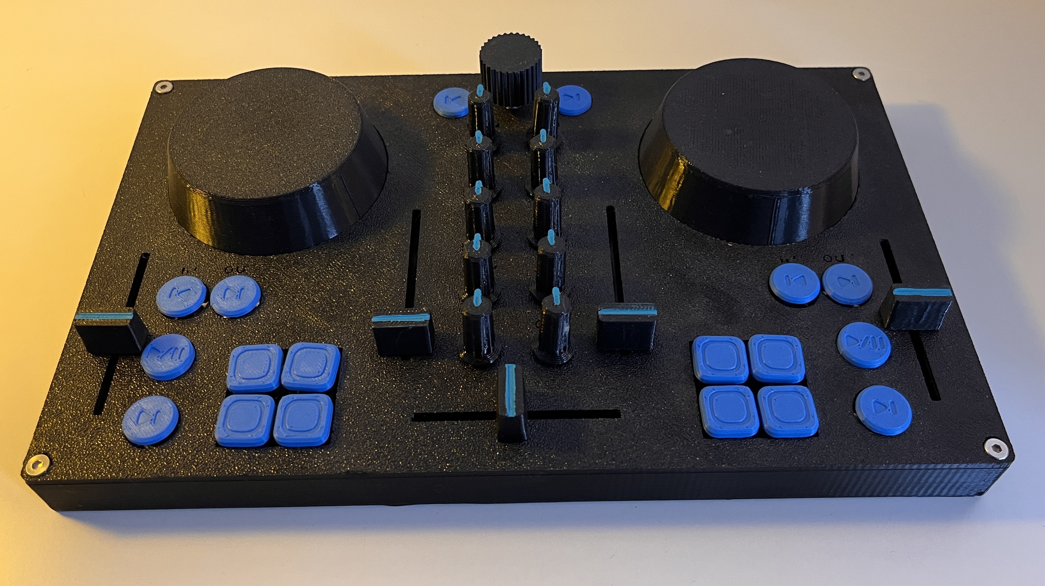 DIY DJ controller prototype with the blue-button front panel installed.